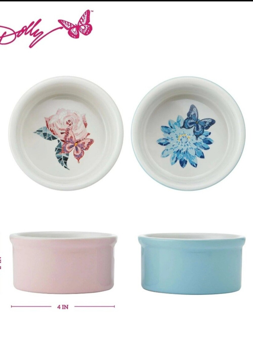 Dolly Ceramic Ramekin 2 Piece Set - Pink & Blue Floral Butterfly